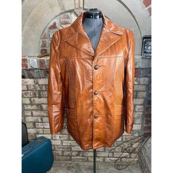 Leather Jacket sherpa lining carmel groovy 1970s - Picture 1 of 12